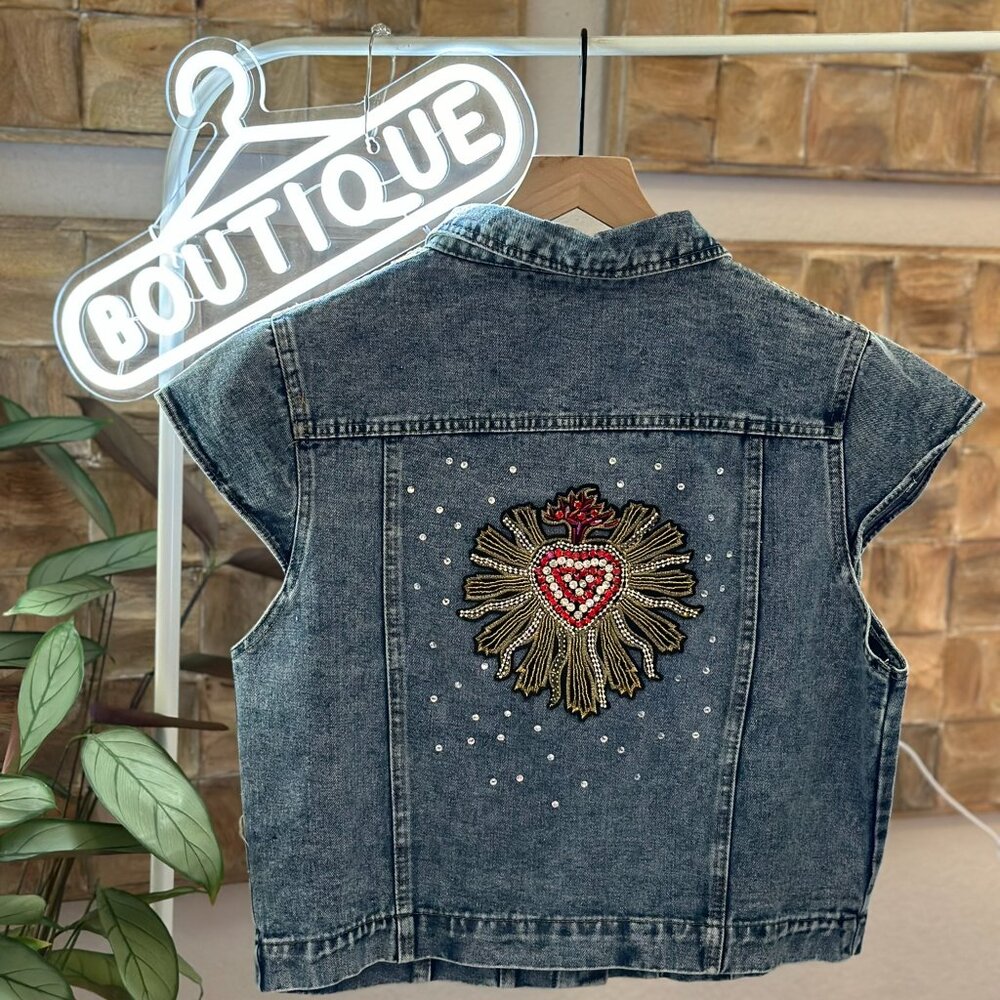 Cropped Cap Sleeve Denim Jean Vest Gold & Red Beaded Heart Clear Jewels